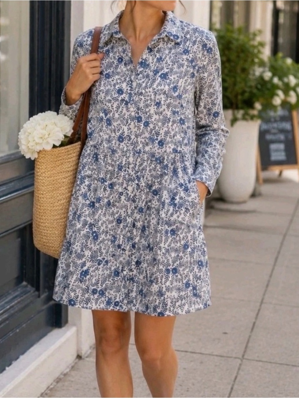 J. Crew Blue and White Floral Shirt Mini Dress